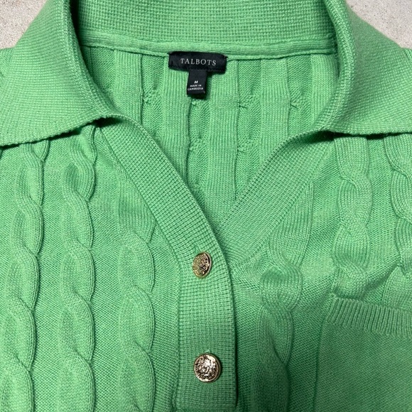 TALBOTS Johnny Collar Cable Knit Sweater Women’s Green Classic Polo Pullover M - Picture 4 of 8
